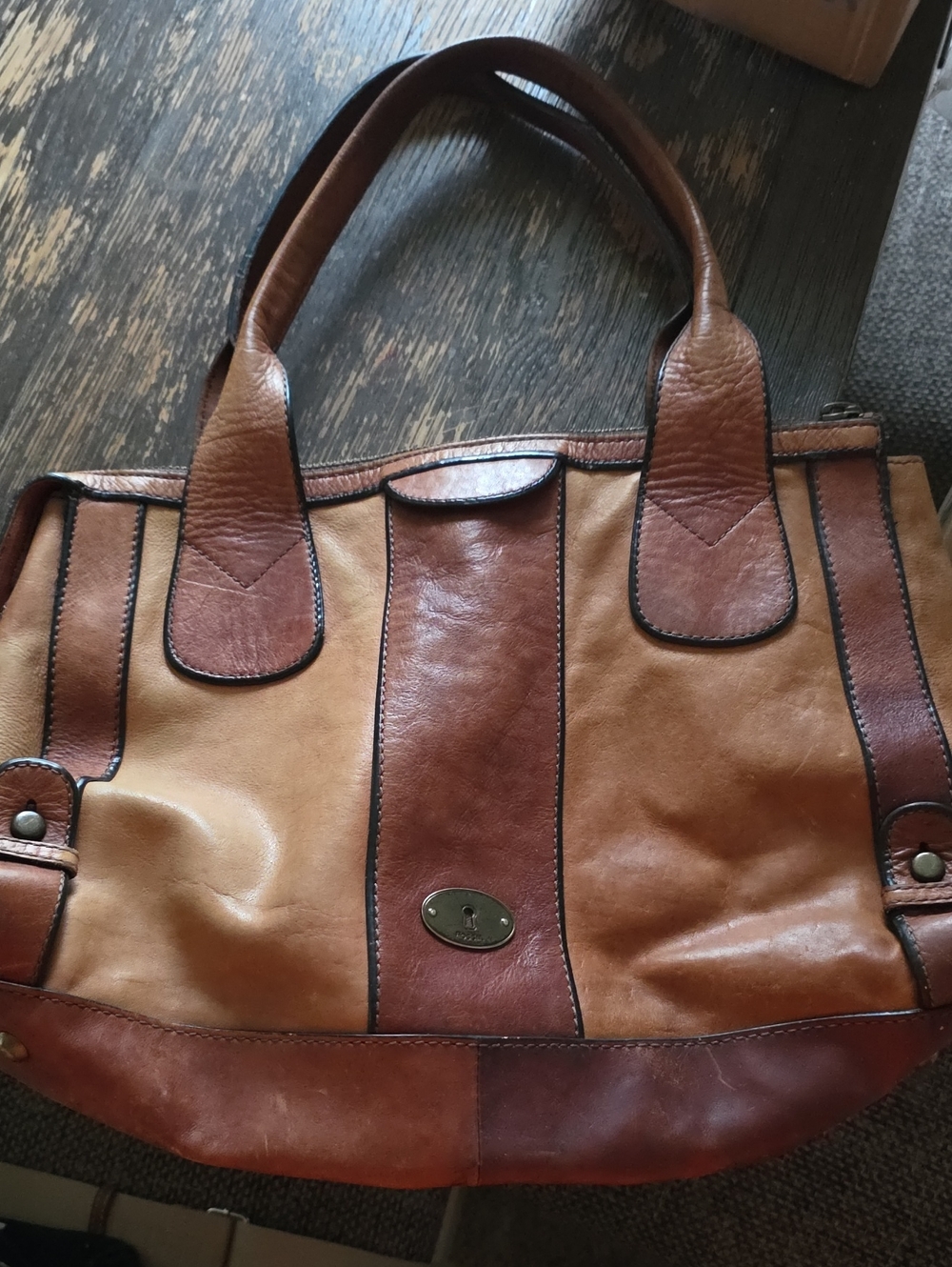 Fossil Reissue Satchel Two-Tone Brown Leather